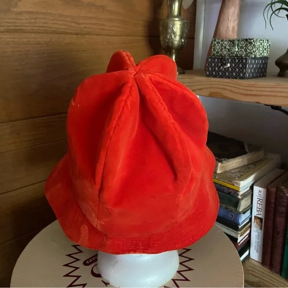 Vintage 70s mod orange flocked velvet wide brim bonnet hat - Picture 4 of 5
